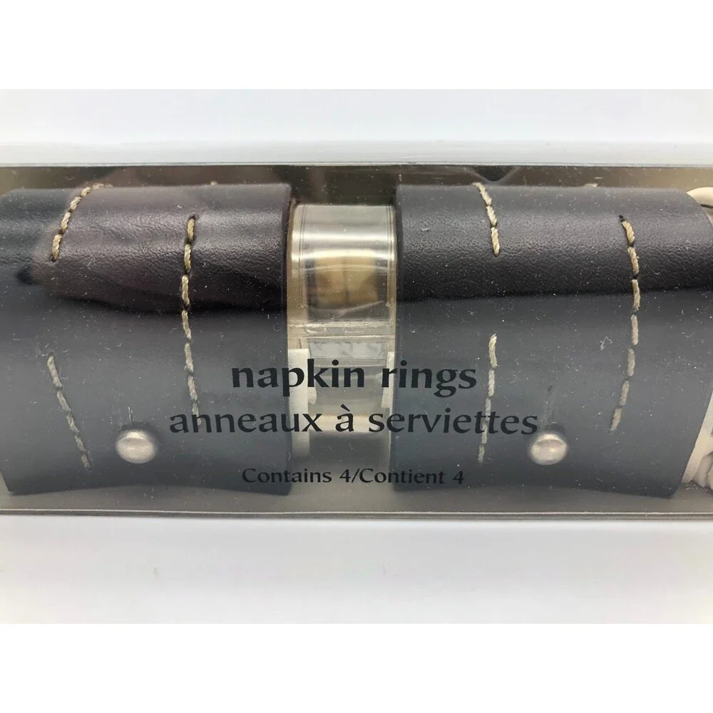 Pier 1 Imports Napkin Rings Black White Lot of 4 Leather Band Stitched NEW
